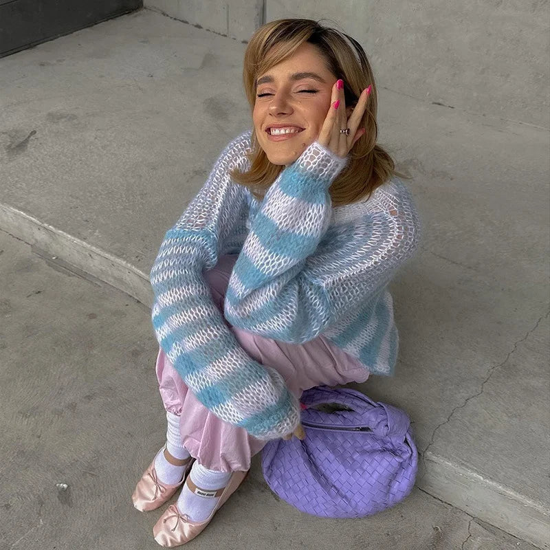 Colorful Striped Contrasting Sweater Loose Fitting Pullover Sweater