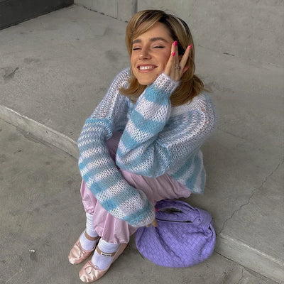 Colorful Striped Contrasting Sweater Loose Fitting Pullover Sweater