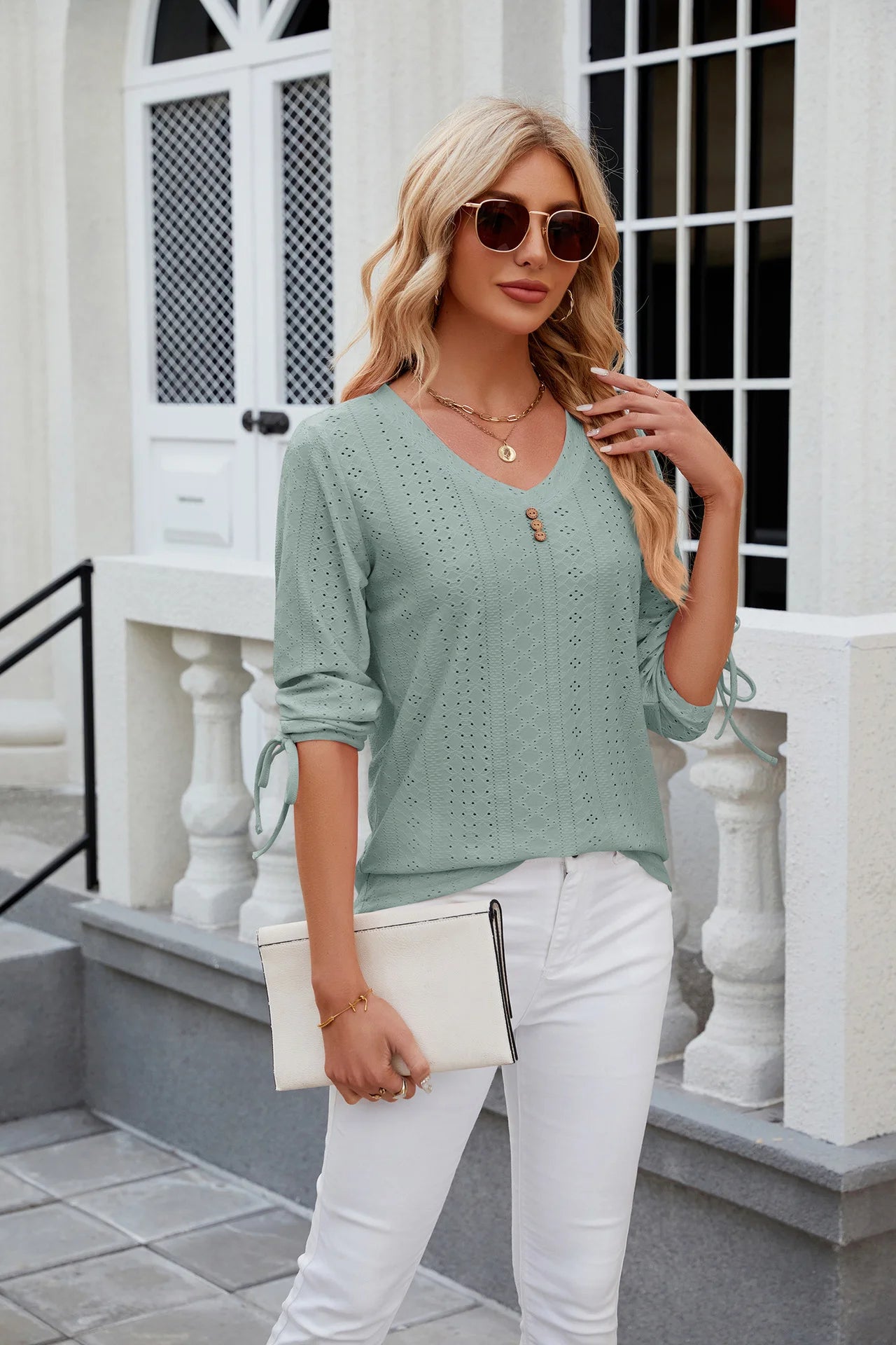 Loose Long Sleeve V Neck Blouse