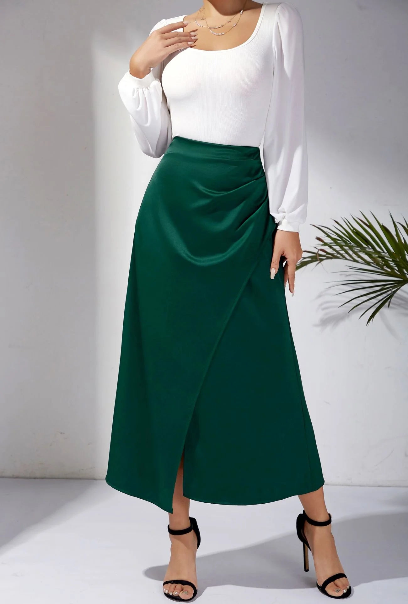 High Waisted Satin Pile Pleated Slit Long Skirt Solid Color Skirt Zipper Fishtail Hip Skirt