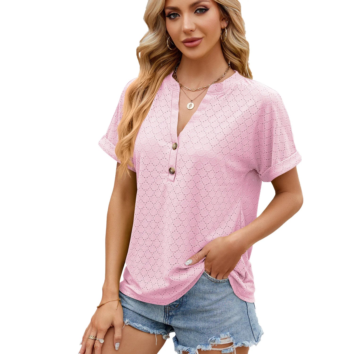 Loose Short Sleeve Button V Neck Blouse