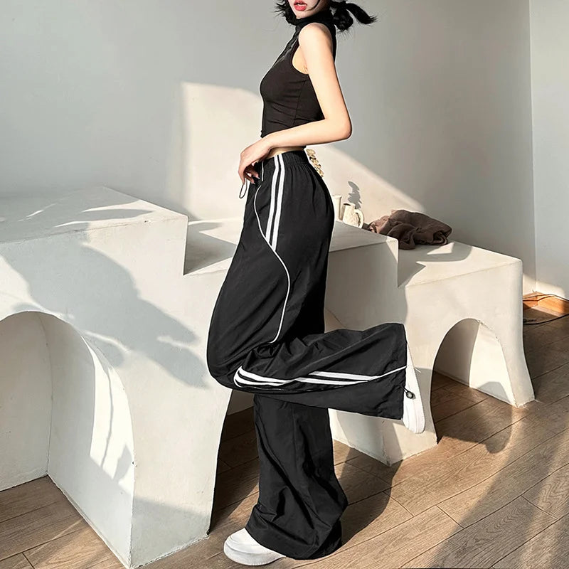 Solid Color Loose Street Fashion High Waisted Straight Drawstring Slacks