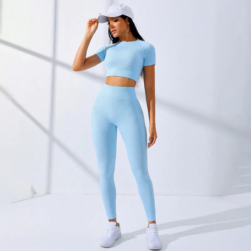 Two Pieces Long Elastic Tight Sports Pants Sleeveless T-shirt