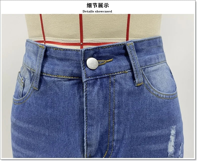 Irregular Holes In A Fringed Denim Skirt