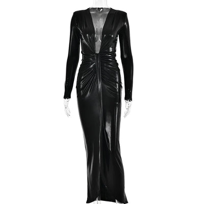 New Sexy Temperament Knitted Coated V Neck Long Sleeve Panel Pleated Hip Leather Skirt