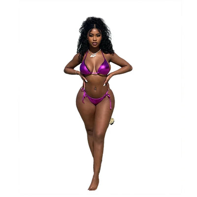 Halterneck Tie Sexy Backless Reflective Bikini Two Piece Set