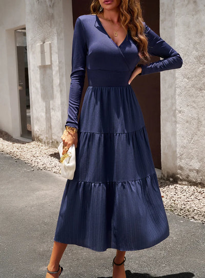 Long Skirt Temperament Commuter V Neck Long Sleeve Temperament Elegant Dress