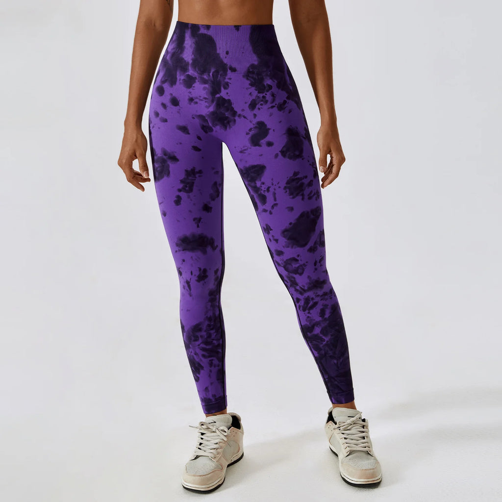 Seamless High Waist Sports Pants with Tie-Dye Effect