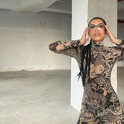 New Fashion Statement Mesh Print Sheer High Neck Slim Dress