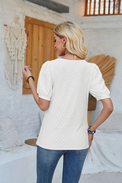 New U Collar Loose Casual Blouse Bubble Sleeve Shirt