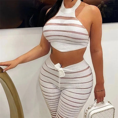 Transparent Striped Set With A Tie Back Top And Flared Pants