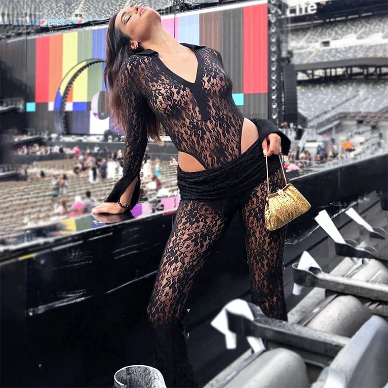 Long Sleeve Bodysuit And Transparent Pants Set