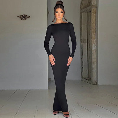 Sexy Backless Pleated Slim Solid Color Dress