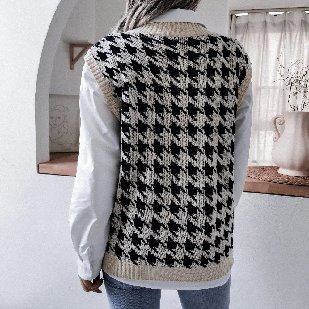 V Neck Houndstooth Casual Loose Knit Vest Sweater