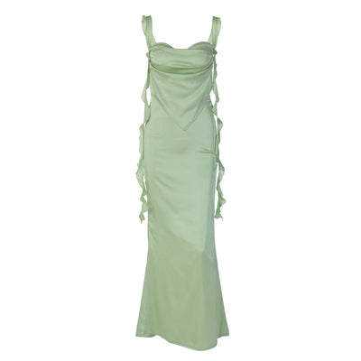 Open Back Dress With Fashionable Ruffle Edge And Ribbon Long Skirt