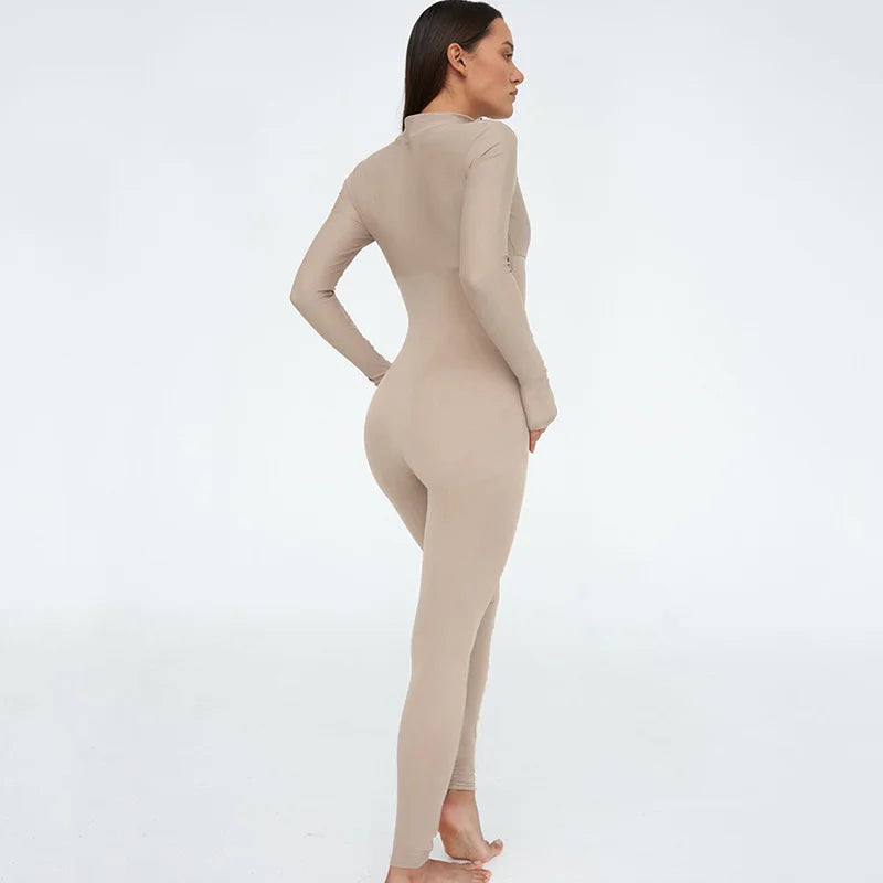 Sexy Tight Zipper One Piece Style Long Sleeve Round Neck Leggings