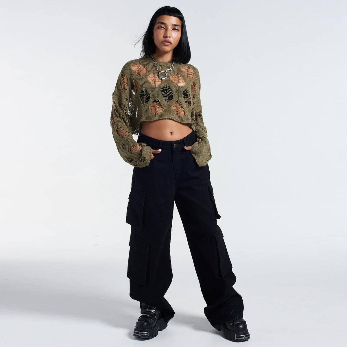 Open Navel Loose Knitted Sweater Hollow Out Top
