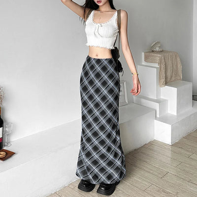 Women’s Solid Color Slim Hip Street Fashion High Waisted Checked Skirt