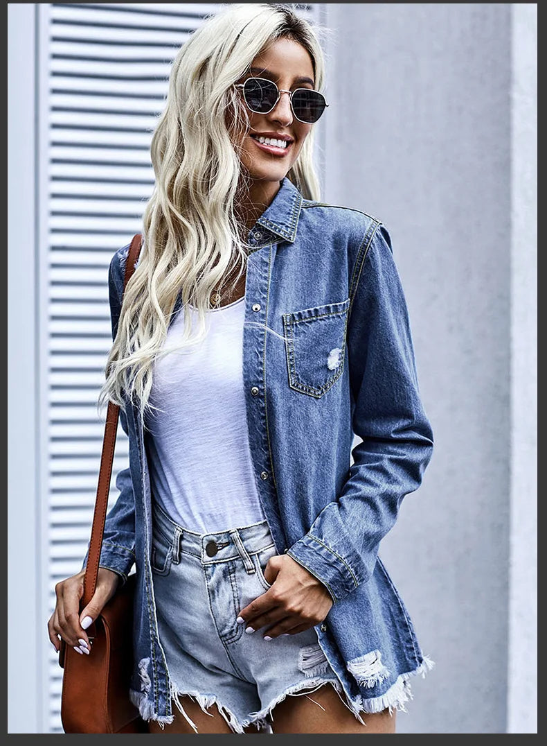 Long Sleeve Jacket With Distressed Long Sleeve Solid Color