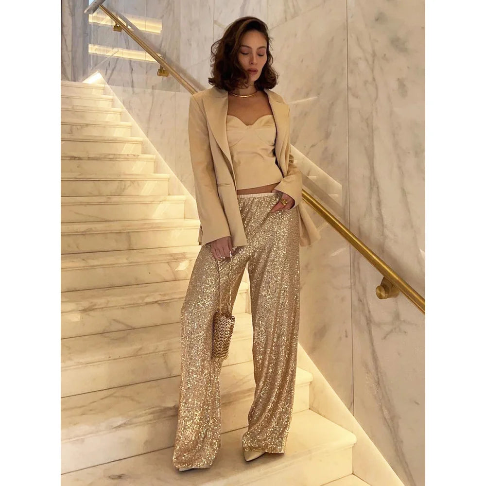 Style Pearl Sequin Straight Tube Mop Pants