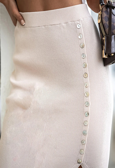 Ribbed Split Button Skirt