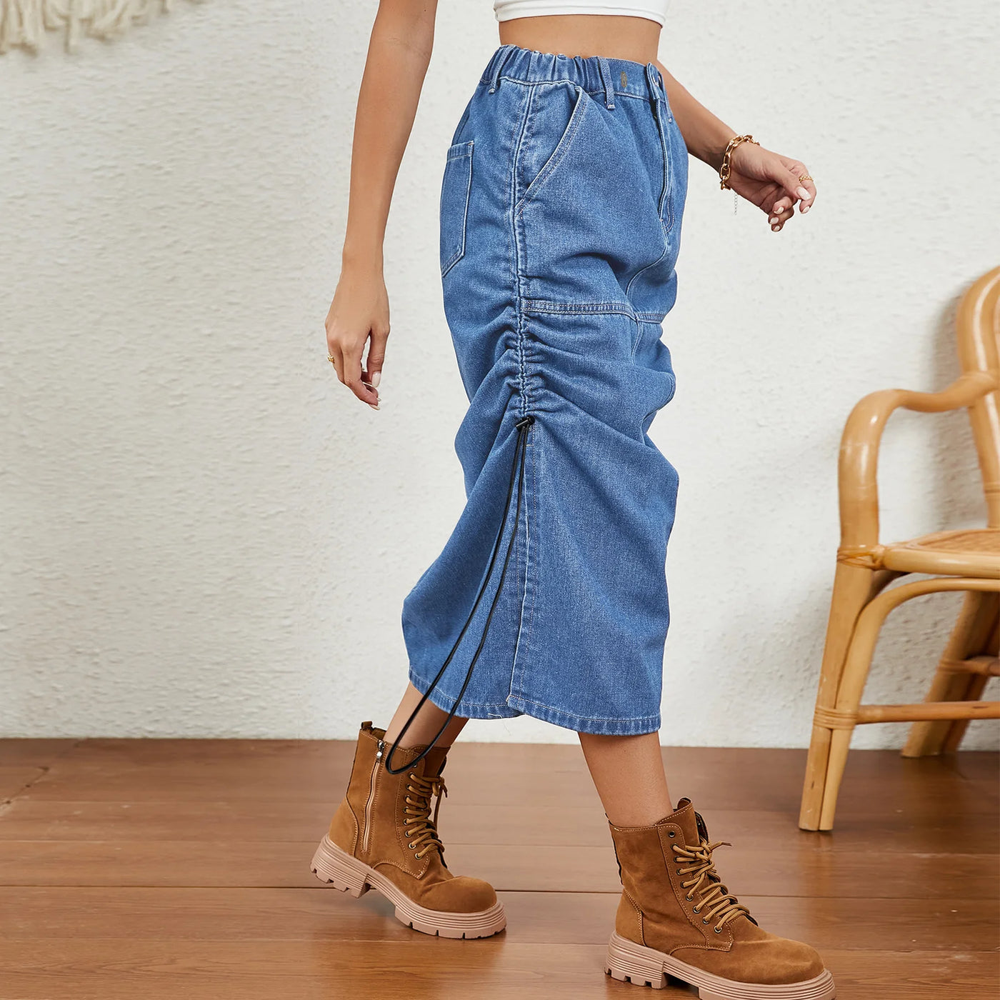 Denim Elastic Long Skirt