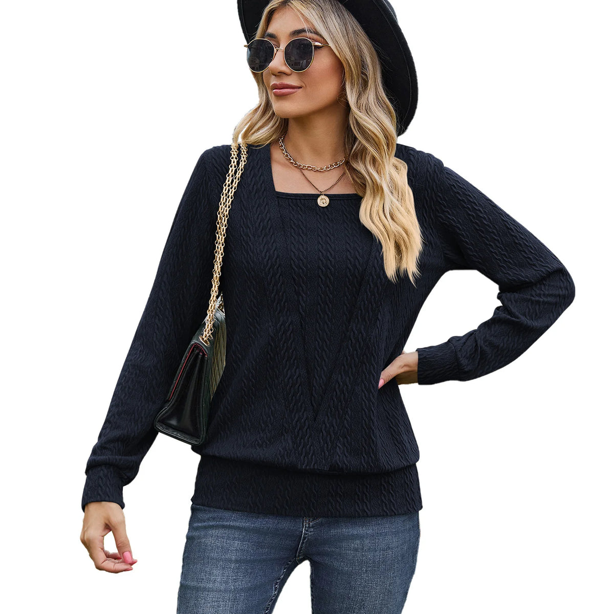 Solid Color Square Collar Cross Loose Long Sleeved Sweater Woman