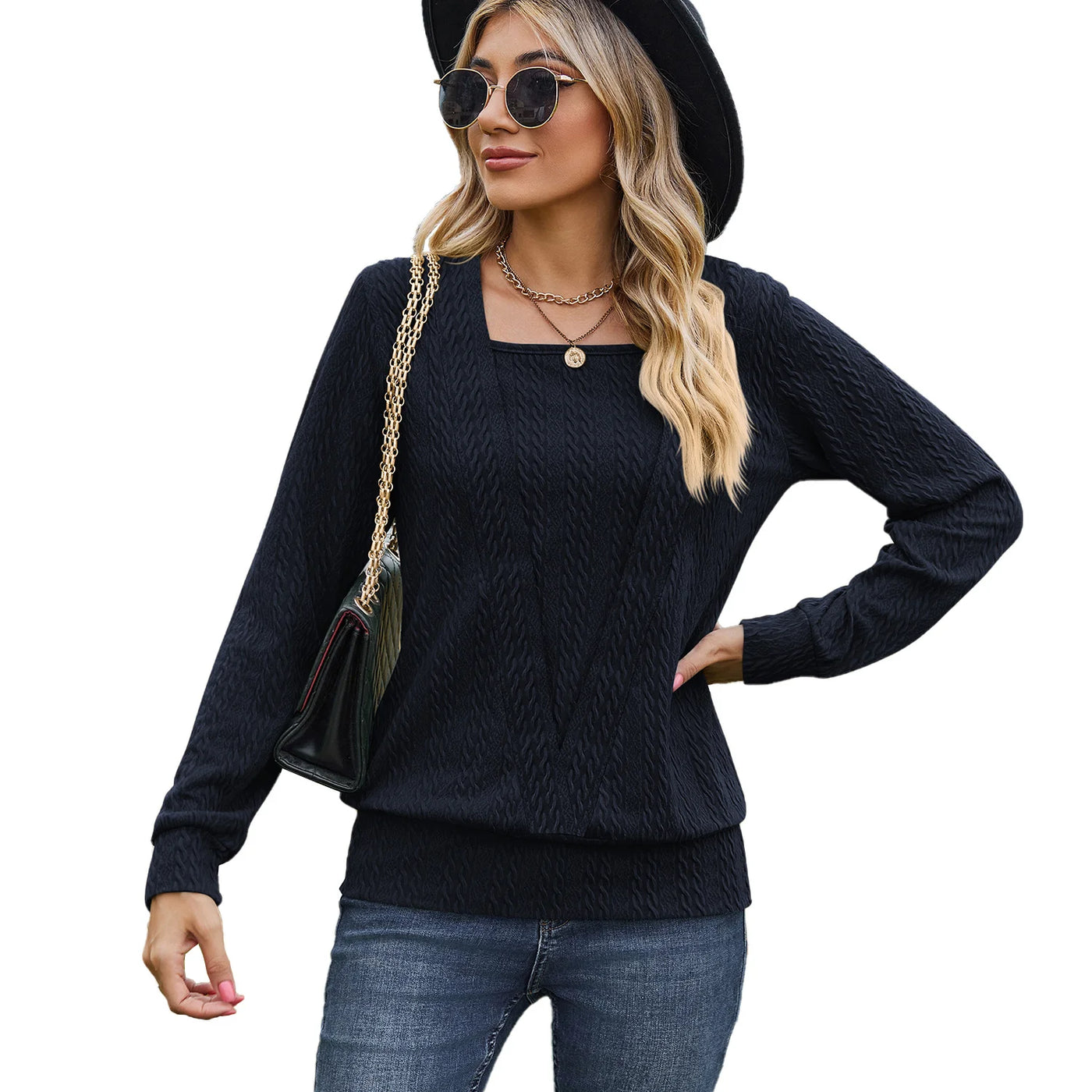 Solid Color Square Collar Cross Loose Long Sleeved Sweater Woman