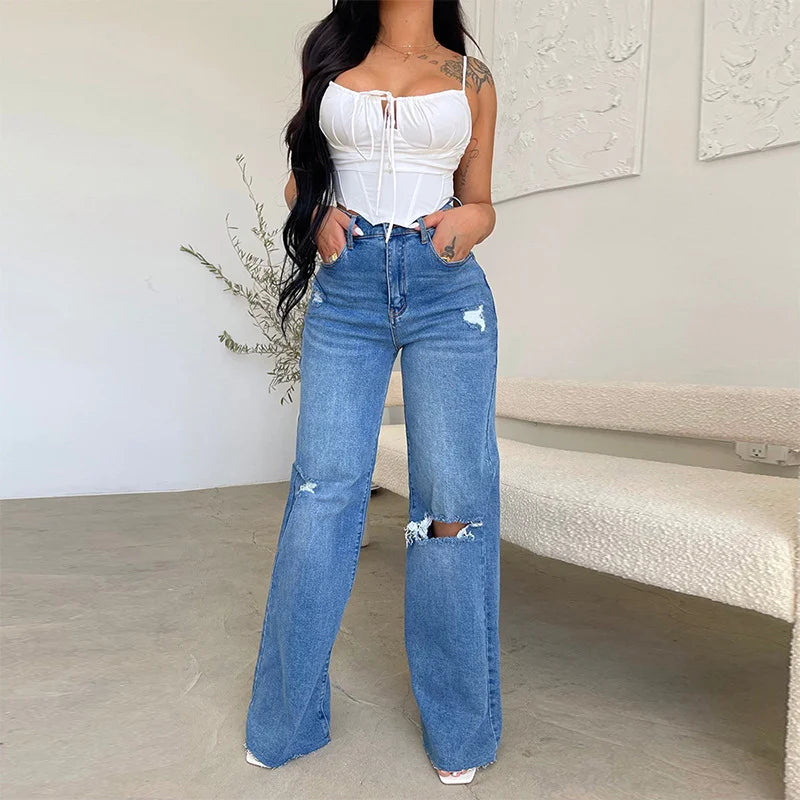 Ladies Jeans Long High Waist Holes