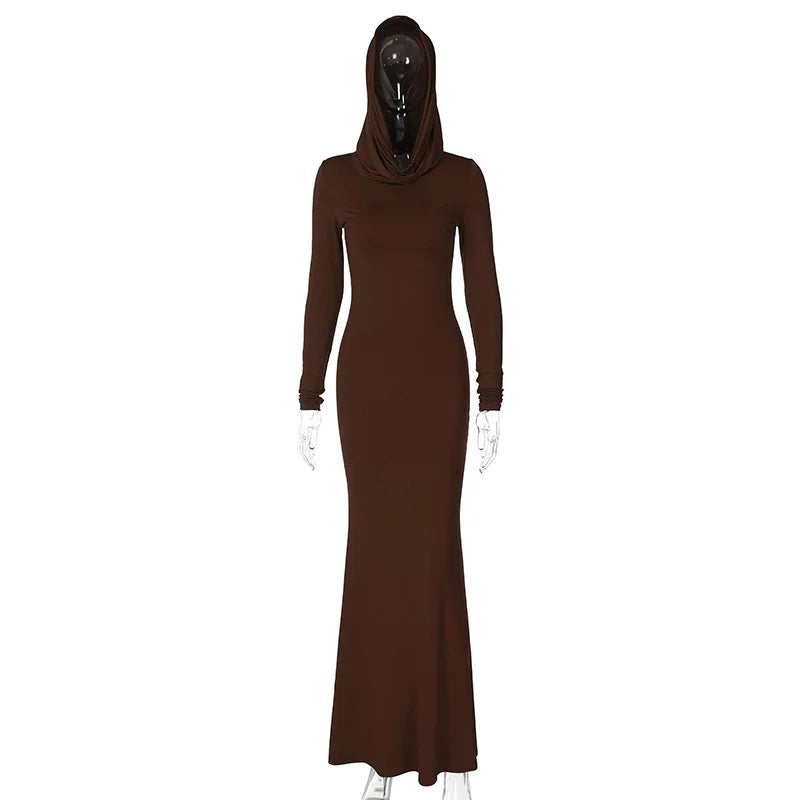 Solid Color Slim Hooded Long Sleeved Dress