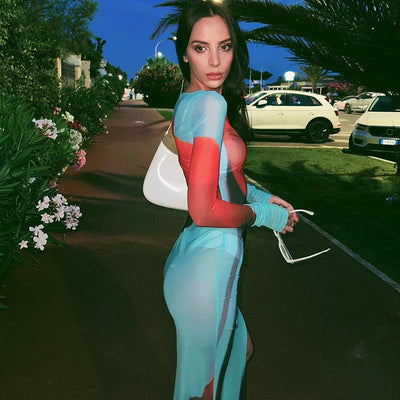 Printed Round Neck Dress Women Fashion Sexy Gauze Perspective Slit Skirt