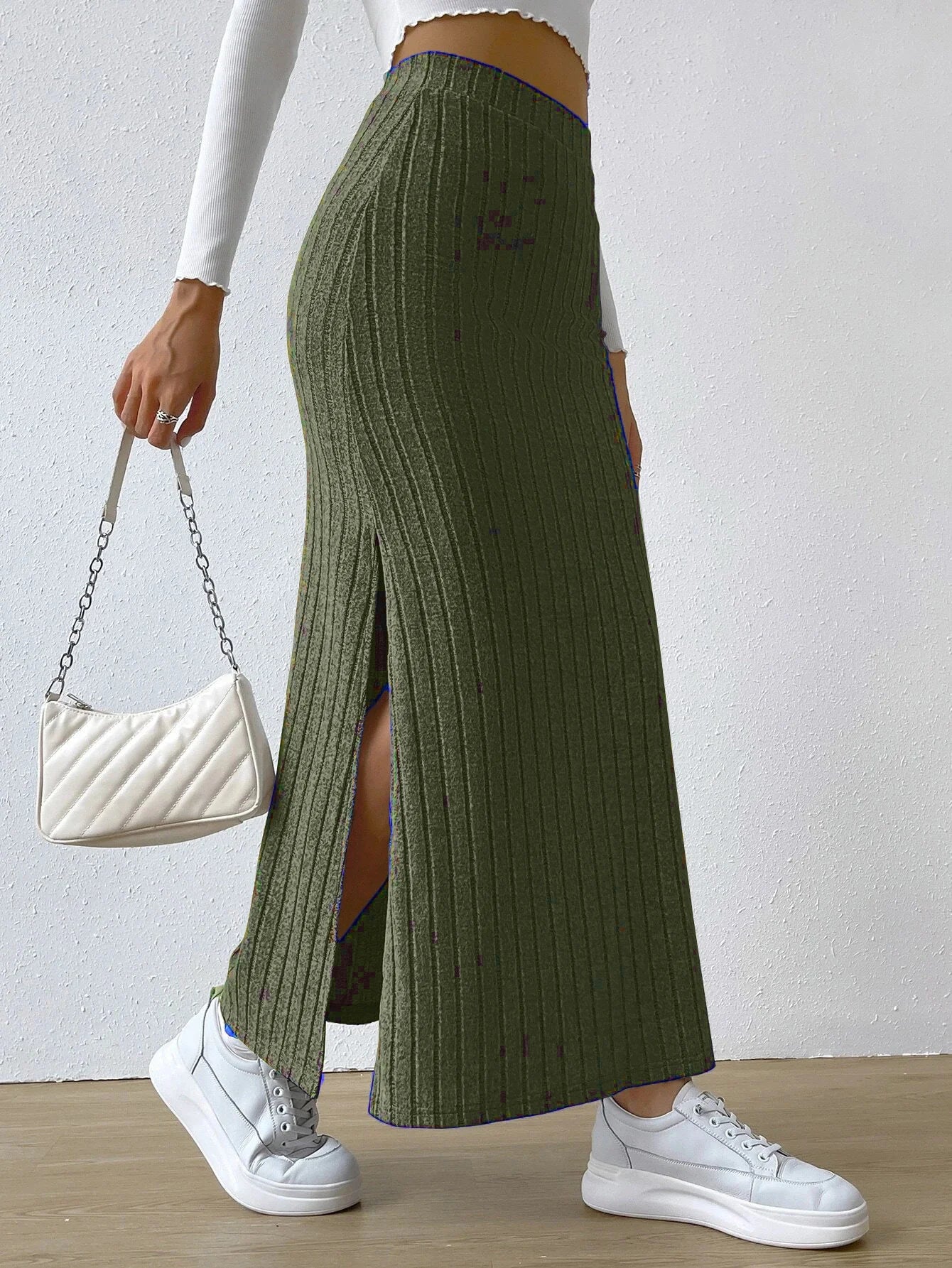 High Waisted Side Slit Slim Knit Skirt Women’s