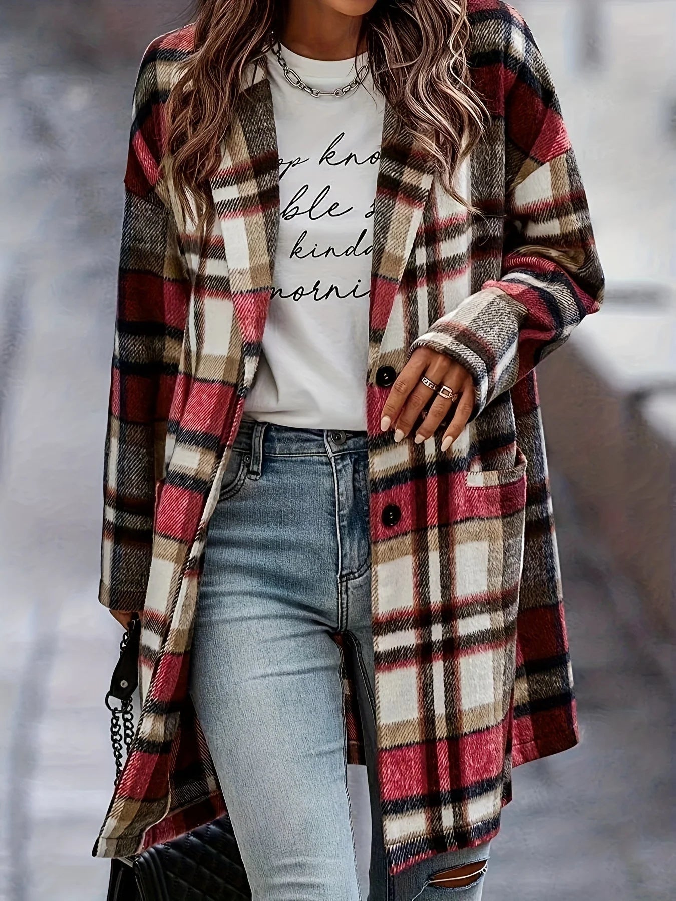 Suede Coat Sanded Plaid Mid Length Coat With Pocket