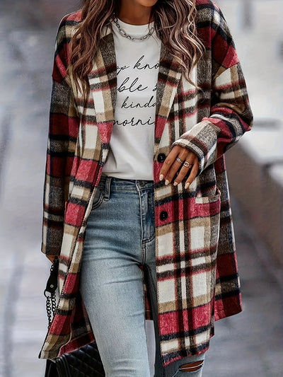 Suede Coat Sanded Plaid Mid Length Coat With Pocket