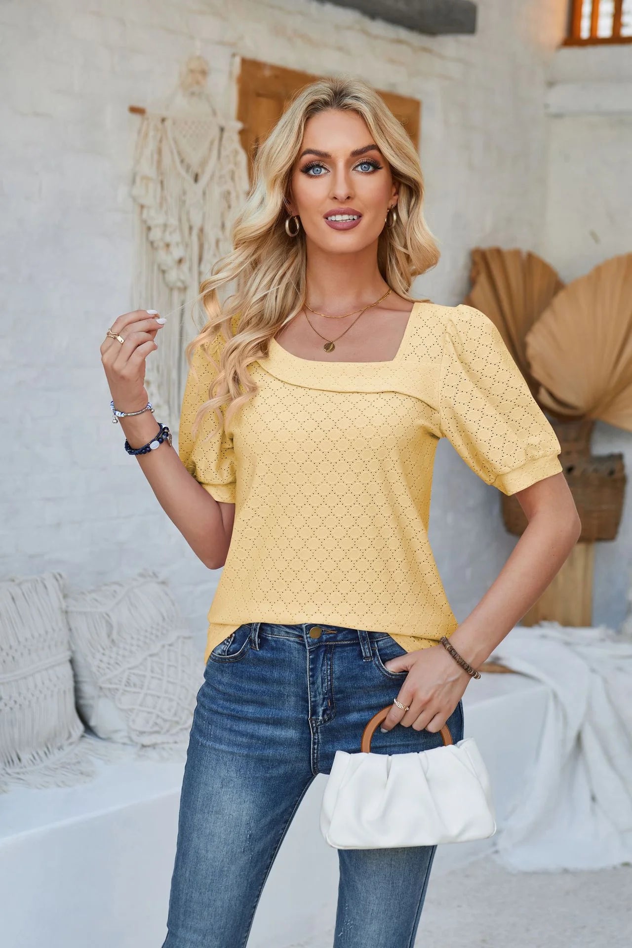 New U Collar Loose Casual Blouse Bubble Sleeve Shirt