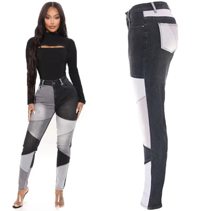 Hipster Jean Washed Stitching Two Tone Blue and Black