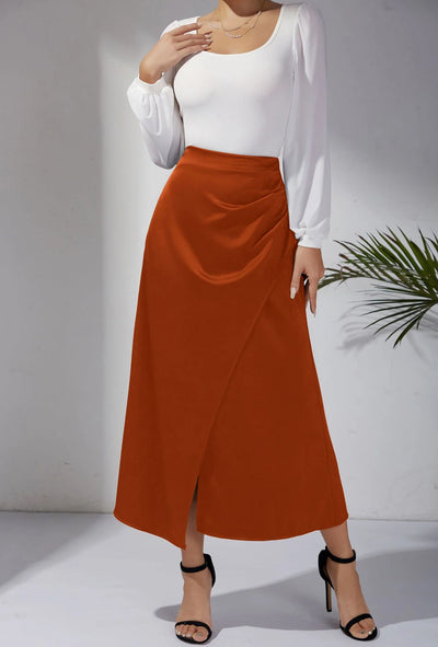 High Waisted Satin Pile Pleated Slit Long Skirt Solid Color Skirt Zipper Fishtail Hip Skirt