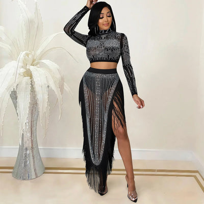 Mesh Perspective Long Sleeved Split Long Skirt