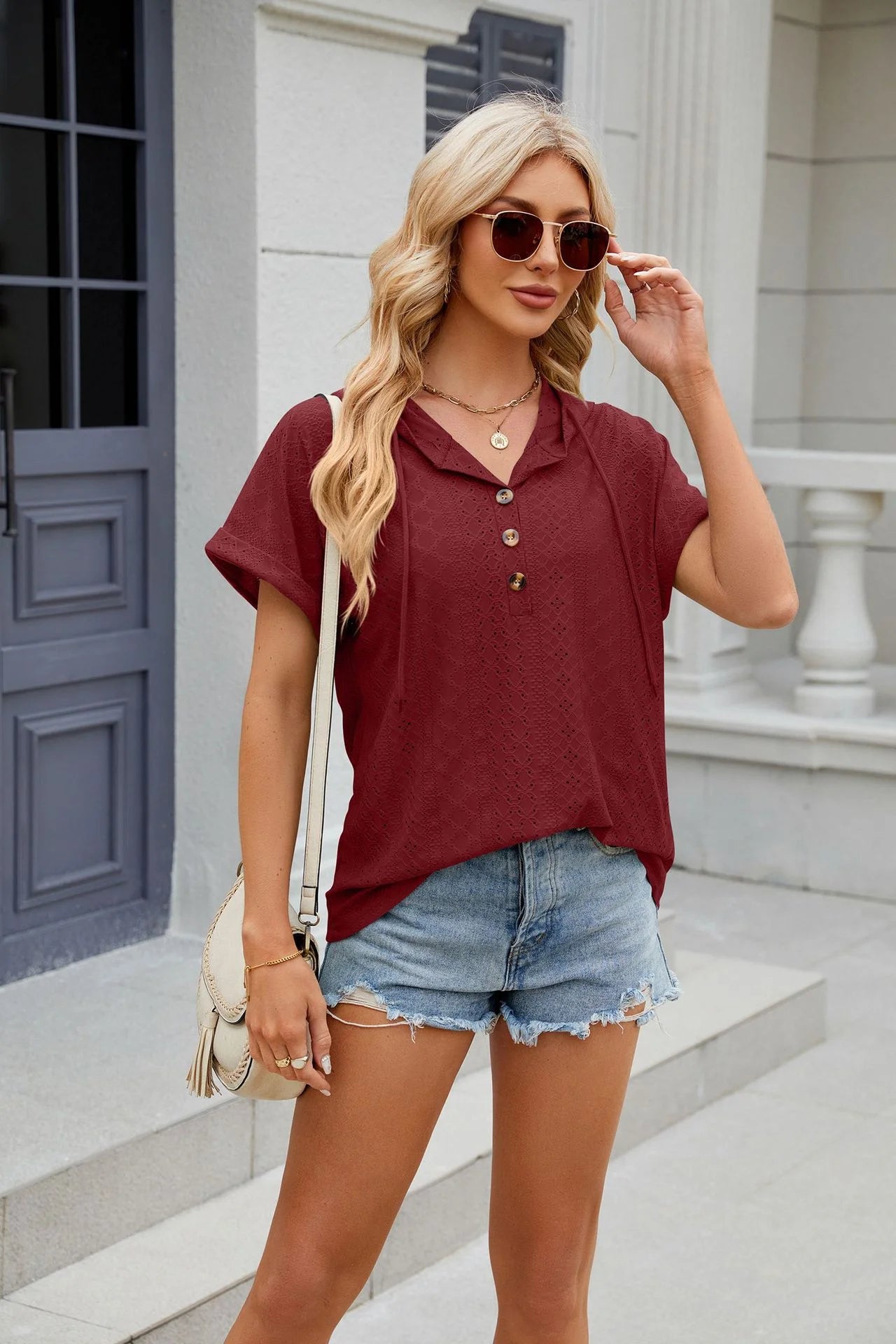 Loose Short Sleeve Button Down Blouse