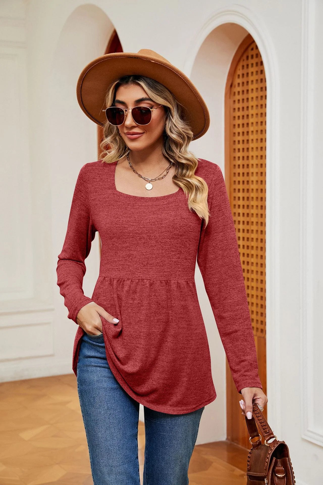 Square Neck Long Sleeve Blouse