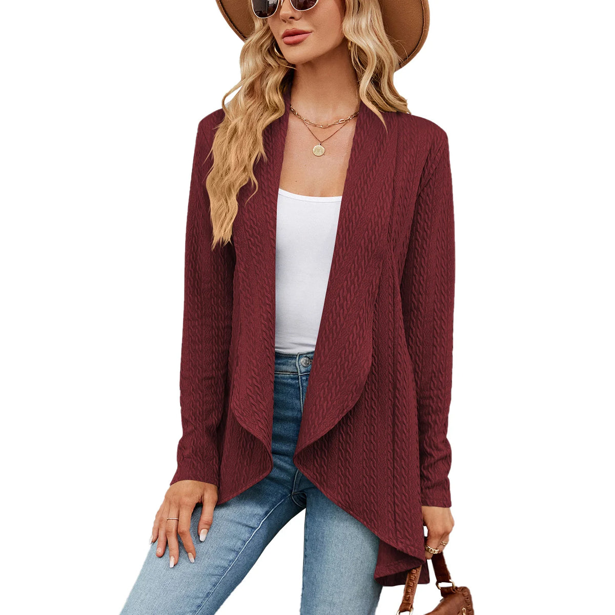 Long Sleeved Pure Color Loose Cardigan Blouse Woman Knitting Jacket