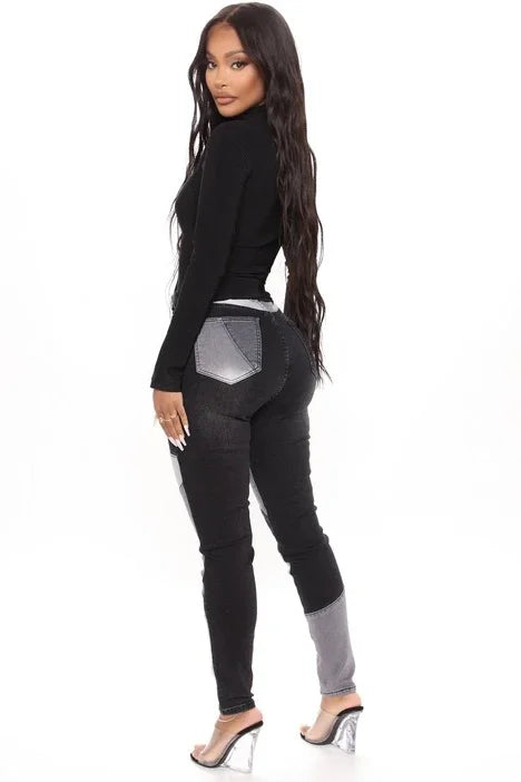 Hipster Jean Washed Stitching Two Tone Blue and Black