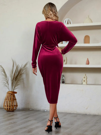 V Neck Solid Color Velvet Dress