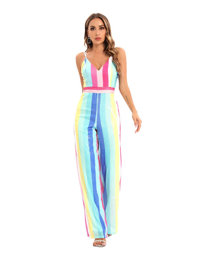 Striped Jumpsuit Sequins Deep V One Piece Casual Pants
