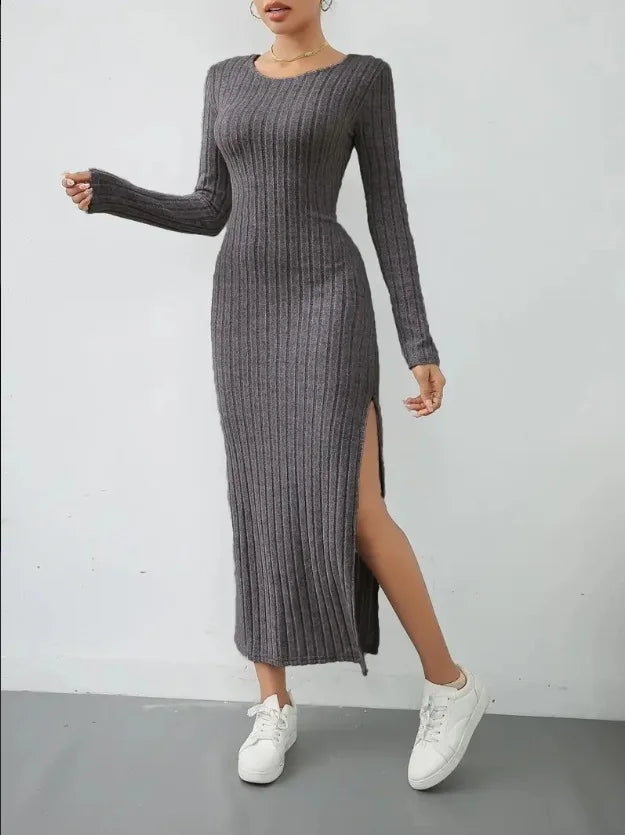 Long Sleeve Round Neck Slit Knitted Maxi Dress
