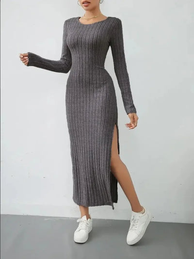 Long Sleeve Round Neck Slit Knitted Maxi Dress