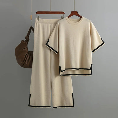 Two Piece Suit With Solid Color Wide Leg Pants
