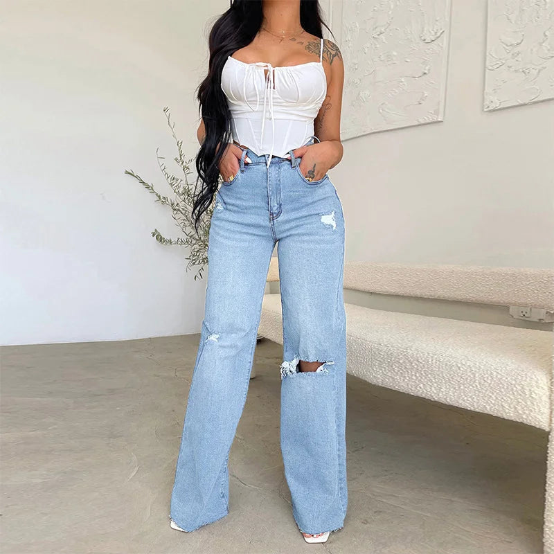 Ladies Jeans Long High Waist Holes