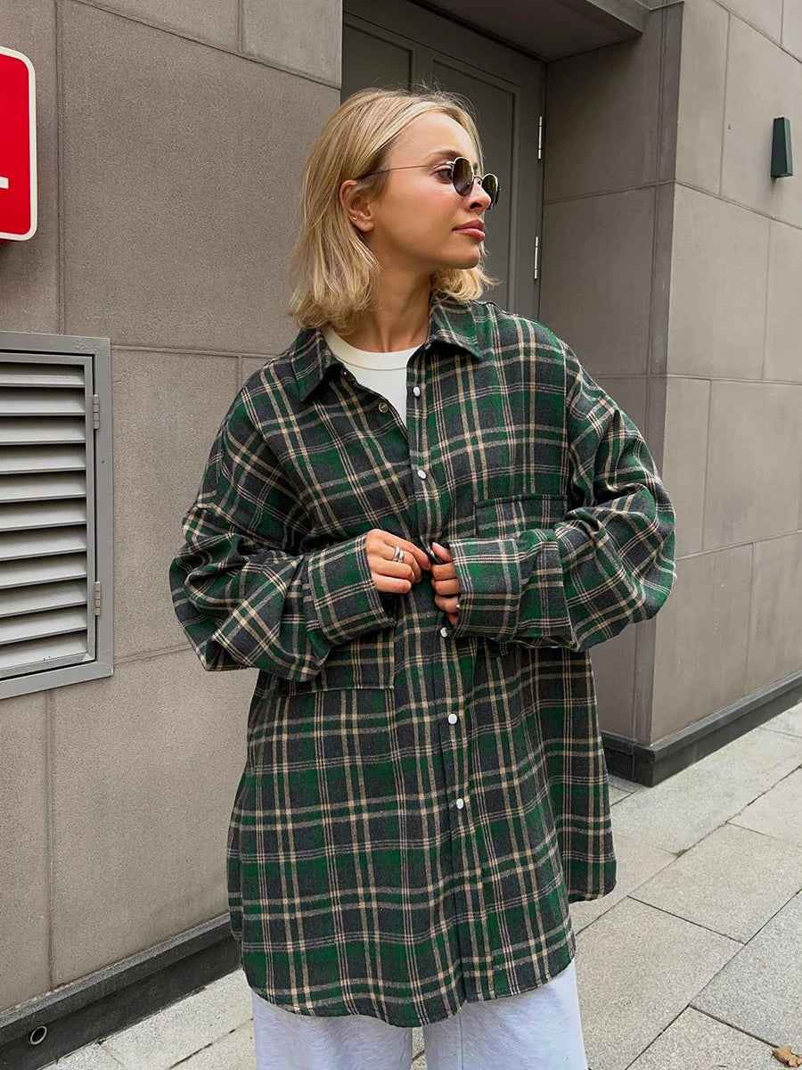 Style Retro Double Pocket Check Striped Mid Length Shirt