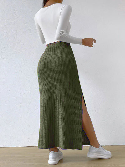High Waisted Side Slit Slim Knit Skirt Women’s
